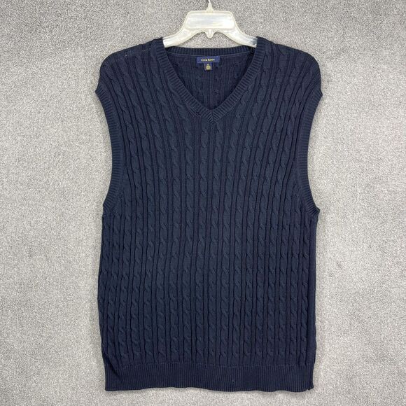 Club Room Sweater Vest Mens Medium Navy Blue Cable Knit V Neck Preppy Classic - Picture 1 of 16
